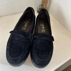 Lince 黒 スエード フリンジ付きローファー ヒール約3cm