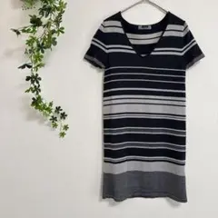 ［LE SOUK］ストライプ Vネック半袖チュニック（M）ラメ　毛使用のサムネイル
