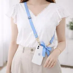 新品 リボン付き スマホストラップ ライトブルー 大人可愛い