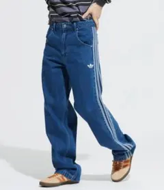 adidas アディダス デニムパンツ L 切替 トレフォイル ロゴ ワイド