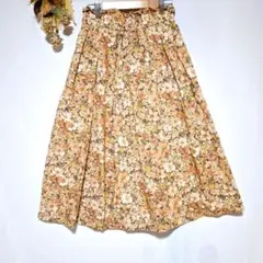 478【FACILE ELLE】F プリーツスカート ウエストゴム オレンジ 麻