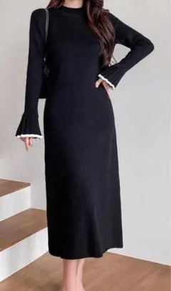 最終値下げ　ブラック ニットロングワンピース プリーツ袖　DAZY