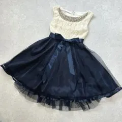 韓国製〔M〕たっぷりパール ビジュー 切替 リボン フレアワンピース ドレス 紺