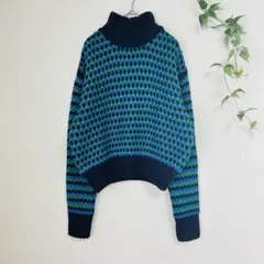 美品✨SLY スライ レトロ ニット セーター タートルネック 網目柄 青緑