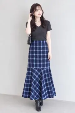 COLZA チェック柄 ロングスカート Lサイズ 青 ブルー