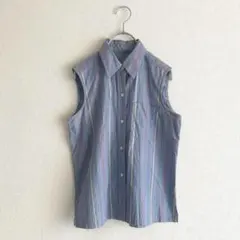 【ヴィンテージ】ストタイプシャツ　ノースリーブ　ビンテージブラウス　【６】ブルー