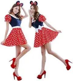 新品 ミニーマウス風ドット柄ドレス カチューシャ ミニーちゃん コスプレ 大人