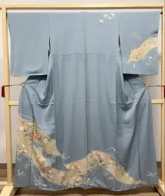 B 美品 季節の花々模様 金彩 金駒刺繍 青色系 正絹 袷 訪問着 着物 K56