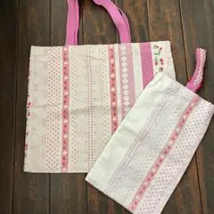 ピンク系ストライプトートバッグと巾着袋セット