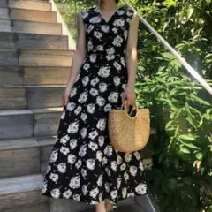 シェリーモナ カシュクール 花柄 ノースリーブ ロングワンピース ブラック Sのサムネイル