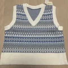 幾何学柄 ジャガード ニットベスト ショート丈 フリーサイズ ブルー