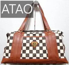 ATAO アタオ 市松模様 ボストンバッグ キャンバス ブラウン×ホワイト