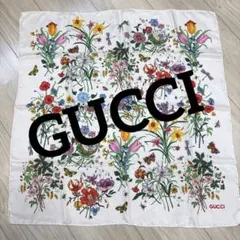 グッチ シルク スカーフ ホワイト×グリーン フローラル柄 ボタニカル