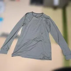 H442 グレー白 ストライプ 長袖カットソーLサイズ