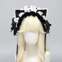 ★SALE★ネコ耳 ヘッドドレス リボン フリル ハロウィンコスプレ ブラック黒