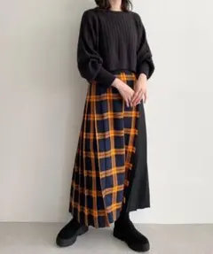 LOWRYS FARM◆ハイショクチェックキルトスカート◆オレンジ系◆FREE