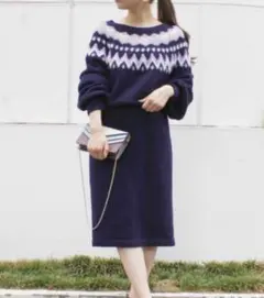 MERCURYDUO フェアアイルブラウジングニットワンピース（ネイビー）