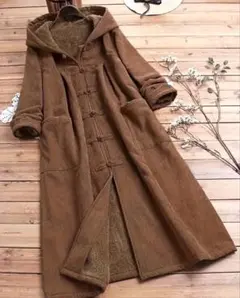 ブラウン コーデュロイ フード付き ロングコート