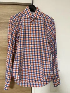 beams Heart S オレンジと青のチェック柄長袖シャツ 結婚式　オシャレ