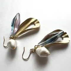 金具変更可能です＊ヴィンテージな雰囲気アクリルとメタル、コットンパールのピアス