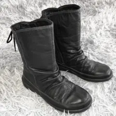 アキレス【22.5cm】ブラック 本革 ロング ブーツ 紐調整 ファスナー 美品