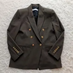 美品 ZARA ダブルブレストジャケット ブレザー 金ボタン カーキ L