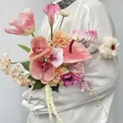 ピンク　オレンジ　アーティフィシャルフラワー　クラッチ　ウェディング　ブーケ