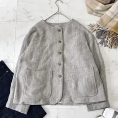 未使用品 TSUHARU ヘリンボーン 麻ウールノーカラーショートコート