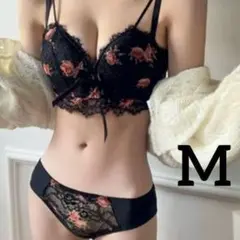 M 花柄 刺しゅう ブラ ショーツ セット アップ 上下 ノンワイヤー 盛りブラ
