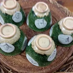 葉模様の陶器湯飲み5個セット