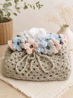 【N】ティッシュカバー かぎ針編み グラニースクエア 巾着 バラ ティッシュカバー ティッシュボックス かぎ針編み グラニースクエア