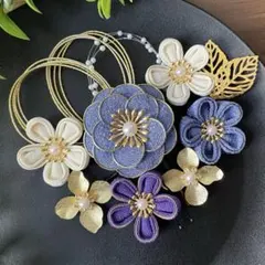 つまみ細工 髪飾り 成人式 前撮り 卒業式 青藤色系10点セット【289】