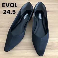 EVOL Vカットニットローヒールポインテッドパンプス 24.5㎝ 黒 ブラック