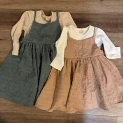 プティマイン　ワンピース 80.100cm グリーン・オレンジブラウン　姉妹
