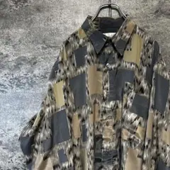 古着　ヴィンテージ 総柄シャツ　ポリシャツ　タイル柄　幾何学模様　アート調　春