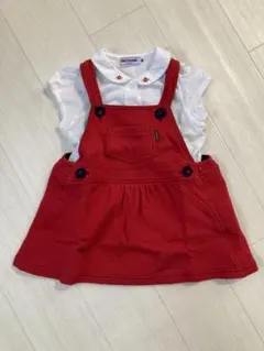 【美品　定価13000円】ミキハウス　ジャンバースカート　ブラウス　帽子セット