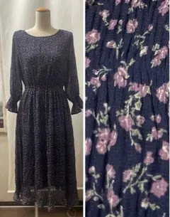 M美品 GLACIERグラシア　ハニーズ 濃紺　花柄　総柄しわプリーツ ロング