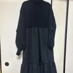 リボン付き ニットブラック ロングドレス