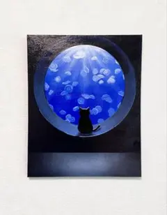 原画　アクリル画　F3キャンバス 水族館　クラゲ　黒猫　ハンドメイド