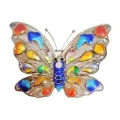 中国七宝 銀線細工　蝶モチーフ　ブローチ　アンティークデザイン