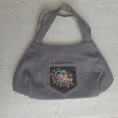 久家道子 プチポワン トートバッグ 刺繍 レース 紺 A4収納可 手刺繍