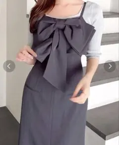 dazzlin リボンデザインIラインワンピース　チャコールグレー