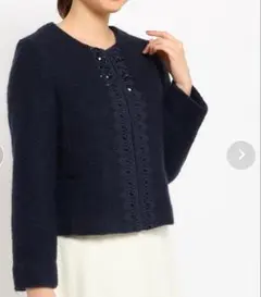 SunaUna モヘヤ混ノーカラージャケット　ネイビー　サイズMのサムネイル