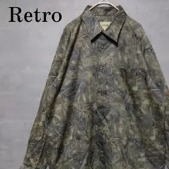 昭和 レトロ 総柄 長袖シャツ アースカラー ダークグリーン系 LL