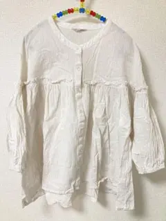 サマンサモスモス　スタンドネック配色ギャザーブラウス　フリルブラウス　麻混