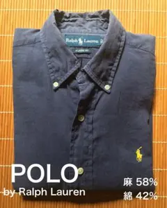 POLO 麻混 ボタンダウンシャツ 長袖　ネイビーのサムネイル