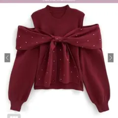 オープンショルダービジューリボンニットトップスdr784 レッド ボルドー
