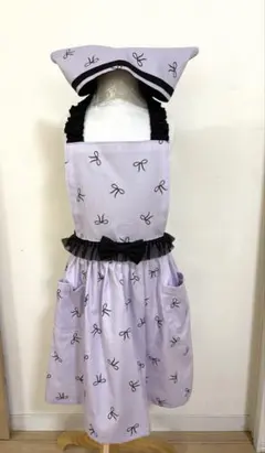 ハンドメイド　パープルリボンエプロン　子供130