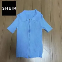 SHEIN フロントジップ リブニット 半袖 ブルーのサムネイル