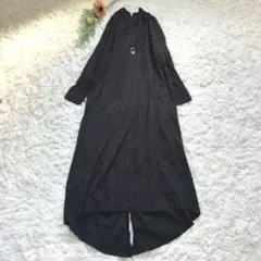 エトレトーキョー　リネン混　ノーカラー　ロングシャツワンピ　黒　バックリボン　F